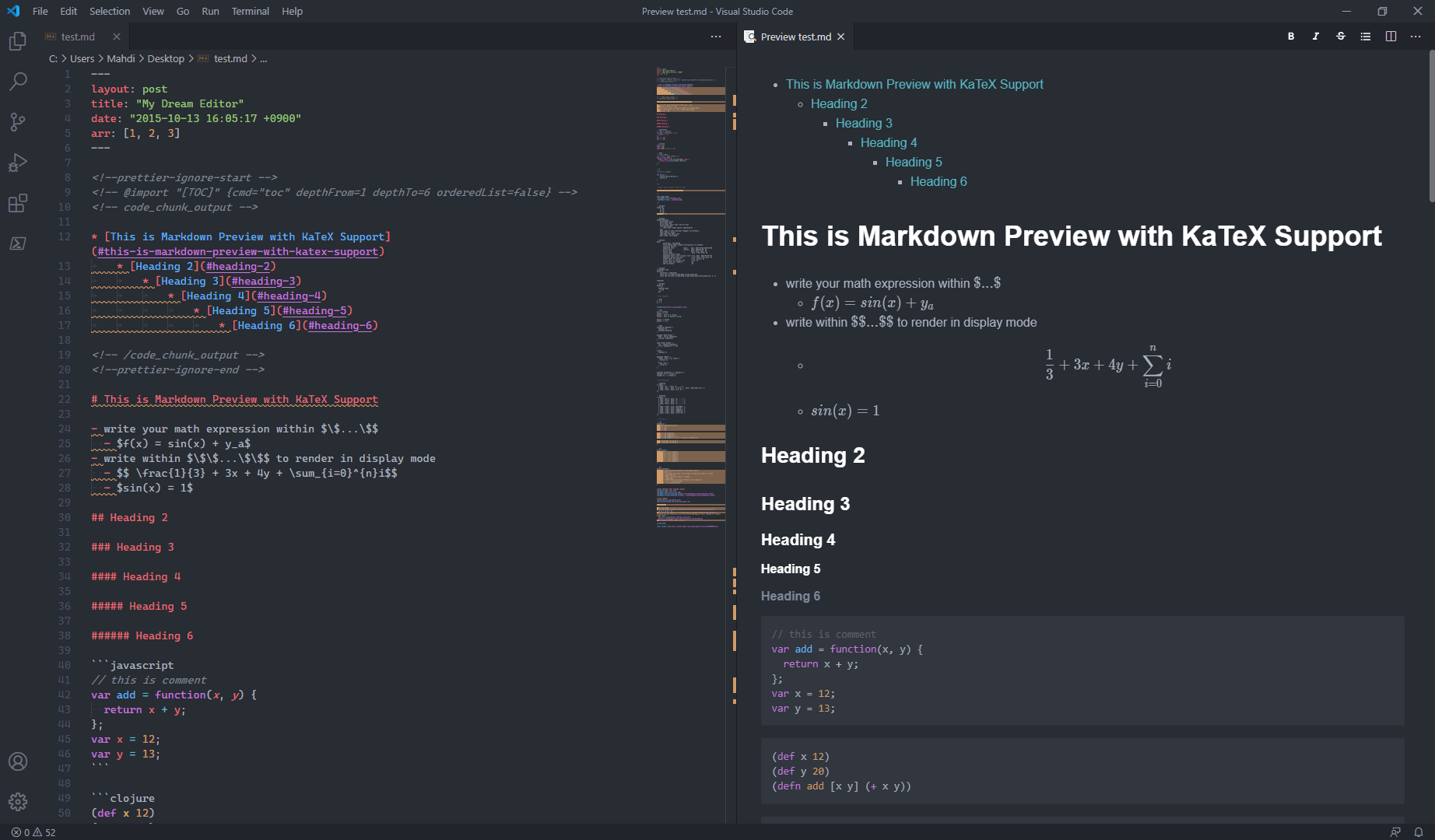 Visual Studio Code, with Markdown Preview Enhanced, Markdownlint, and One Dark Pro